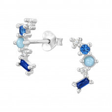 Blue Cluster Sterling Silver Ear Studs with Cubic Zirconia and Imitation Opal