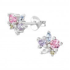 8mm Floral Cluster Sterling Silver Ear Studs with Rainbow Cubic Zirconia