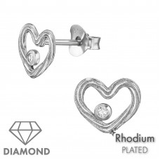 Heart Sterling Silver Ear Studs with 1.5mm Diamonds