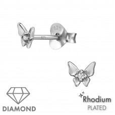 Butterfly Sterling Silver Ear Studs with 1mm Diamonds