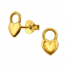9mm Heart Lock Sterling Silver Gold Plated Ear Studs