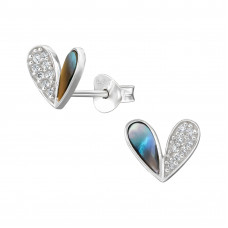 9mm Curved Heart Sterling Silver Ear Studs with Abalone Shell and White Cubic Zirconia