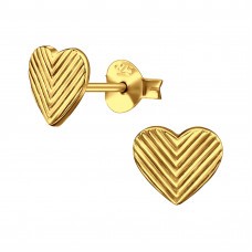 Chevron Pattern Heart Sterling Silver Gold Plated Ear Studs