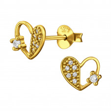 8mm Half Dotted Half Open Heart Sterling Silver Gold Plated Ear Studs with Cubic Zirconia