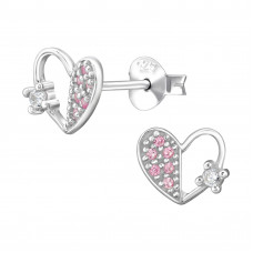 8mm Half Dotted Half Open Heart Sterling Silver Ear Studs with Light Pink and White Cubic Zirconia
