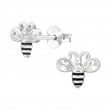 Bee 9mm Sterling Silver Ear Studs with 4x White Cubic Zirconia and Black Epoxy