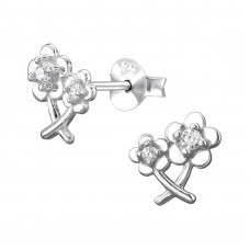 Five-Petal Flowers Sterling Silver Ear Studs with Cubic Zirconia