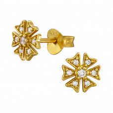 7mm Flower 6 Petal Sterling Silver Gold Plated Ear Studs with 14x Cubic Zirconia