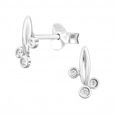 Curved Bar with 3 Circles Sterling Silver Ear Studs with Cubic Zirconia