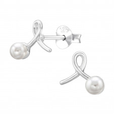 Stylized Ribbon Sterling Silver Ear Studs with Imitation Pearl