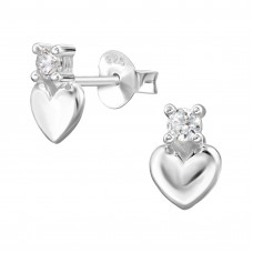 Heart Sterling Silver Ear Studs with Round 4 Prong Cubic Zirconia on Top