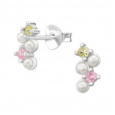 9mm Circles Cluster Sterling Silver Ear Studs with Cubic Zirconia and Imitation Pearl