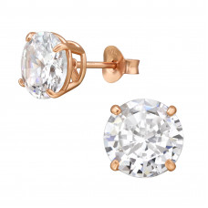 8mm Sterling Silver Rose Gold Plated Ear Studs with Round 4 Prong Cubic Zirconia