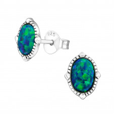 8mm Oval Sterling Silver Oxidized Ear Studs with Synthetic Opal