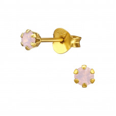 Round Sterling Silver Gold Plated Ear Studs with 3mm 6 Prong Rose Opal Crystal