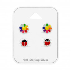 Sun Flower and Ladybug Children's Sterling Silver Ear Studs Set on Card with Epoxy