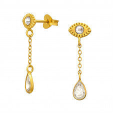 Evil Eye with Dangling Teardrop Sterling Silver Gold Plated Ear Studs with 2x Crystal and 2x Cubic Zirconia
