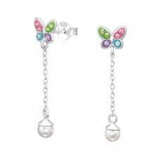 Butterfly Sterling Silver Ear Studs with Crystal with Hanging Chain and Dangling Imitation Pearl