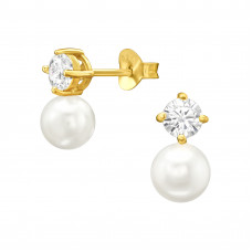 Silver Duo Stone Ear Studs with Cubic Zirconia and Imitation Pearl