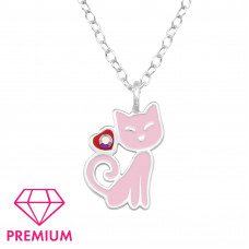 Cat Children's Sterling Silver Necklace with Crystal and Epoxy
