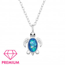 Turtle Children's Sterling Silver Necklace with Imitation Opal and Epoxy