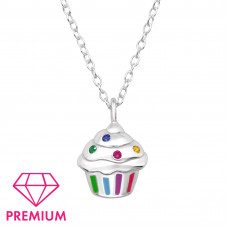 Cupcake Children's Sterling Silver Necklace with Cubic Zirconia and Epoxy