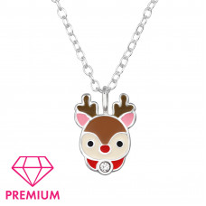 Reindeer Children's Sterling Silver Necklace with Crystal and Epoxy