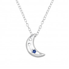 Crescent Moon with Stars Sterling Silver Necklace with Cubic Zirconia