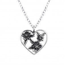 Heart with Flowers Sterling Silver Necklace