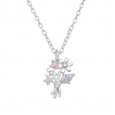 Flowers Sterling Silver Necklace with Cubic Zirconia