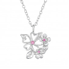 Flowers and Leaf Cluster Sterling Silver Necklace with Cubic Zirconia