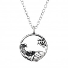 Whale, Sea Turtle and Ocean Wave Sterling Silver Oxidized Necklace