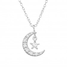 Moon with Dangling Star Sterling Silver Necklace with Cubic Zirconia
