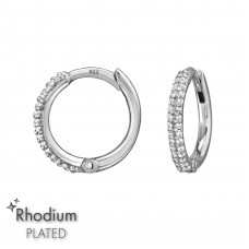 1.6x12mm Sterling Silver Rhodium Plated Huggie Hoops with Cubic Zirconia