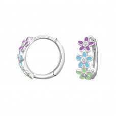 Three Flowers Sterling Silver Huggie Hoops with White Cubic Zirconia and Mix Color Epoxy
