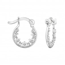 Floral Sterling Silver Ear Hoops with French Lock and 12x Cubic Zirconia