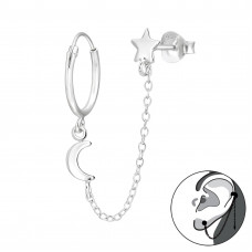 Moon and Star Ear Jacket with Hoop and 3mm Hanging Chain Sterling Silver
