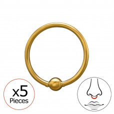 Captive Bead Nose Ring Surgical Steel Gold Color with 2mm Ball - 0.8x10mm (20G) x5