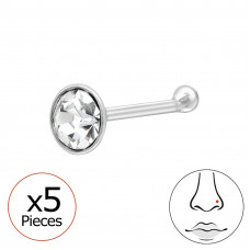 Round 3mm Sterling Silver Nose Stud with Crystal - 0.6mm (22G) x5