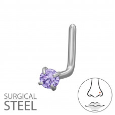 316 Surgical Steel L-Shape Nose Stud 0.8x7x4.5mm (20G) with 2mm Round 4 Prong Cubic Zirconia