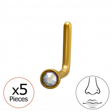 316 Surgical Steel Gold Color L-Shape Nose Stud 0.8x7x4.5mm (20G) with 2mm Round Crystal (x5)