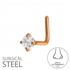 316 Surgical Steel Rose Gold Color L-Shape Nose Stud 0.8x7x4.5mm (20G) with 2.5mm Round 4 Prong Cubic Zirconia