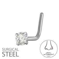 316 Surgical Steel L-Shape Nose Stud 0.8x7x4.5mm (20G) with 2.5mm Round 4 Prong Cubic Zirconia