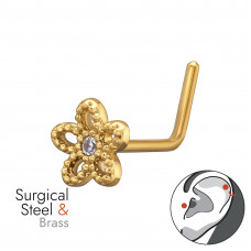 7.5mm Flower with Cubic Zirconia Brass Gold Plated on 0.8x7x4.5mm (20G) L-Shape Nose Stud 316 Surgical Steel Gold Plated
