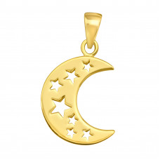 Silver Crescent Moon and Stars Pendant