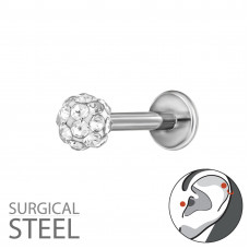 3.5mm Crystal Ball Tragus, Helix, Upper Ear Piercing on 1.2x8mm (16G) 316 Surgical Steel Threaded Barbell with Flat Back Disc
