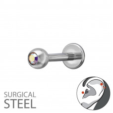 3mm Ball with Crystal Tragus, Helix, Upper Ear Piercing on 1.2x8mm (16G) 316 Surgical Steel Threaded Barbell with Flat Back Disc