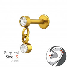 3mm Double Dangling Circle with 2x Cubic Zirconia Brass Gold Plated Tragus, Helix, Upper Ear Piercing External Threaded on 1.2x6mm (16G) 316 Surgical Steel Gold Plated Barbell with Flat Back Disc