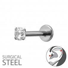 Round 3mm 4 Prong Cubic Zirconia Tragus, Helix, Upper Ear Piercing on 1.2x8mm (16G) 316 Surgical Steel Threaded Barbell with Flat Back Disc