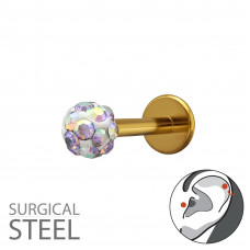 3mm Crystal Ball Tragus, Helix, Upper Ear Piercing on 1.2x8mm (16G) 316 Surgical Steel Gold Color Threaded Barbell